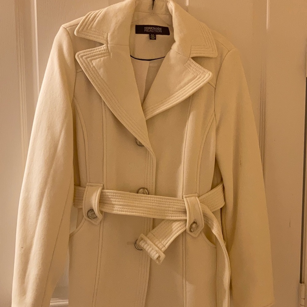 Kenneth Cole ladies winter white belted jacket.